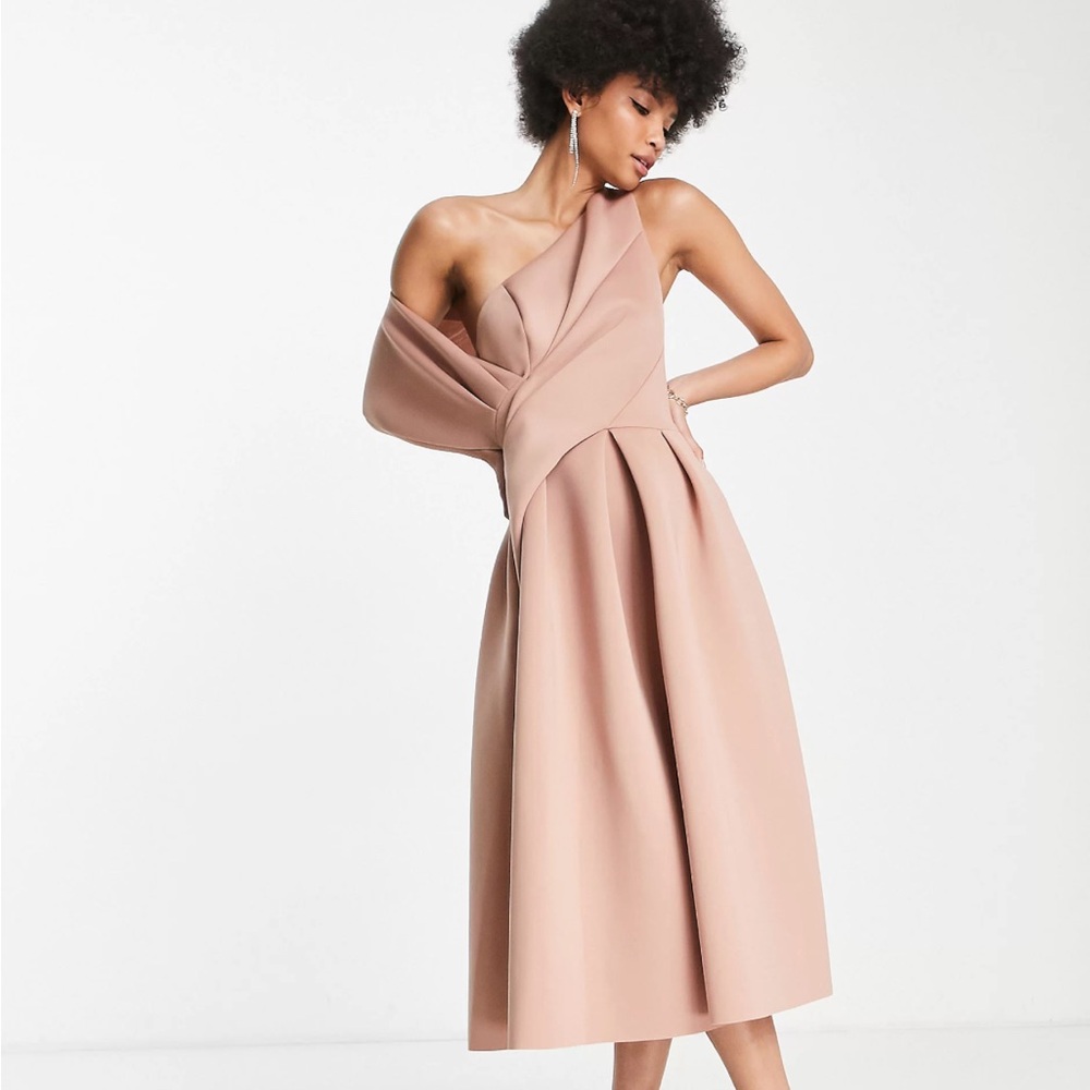ASOS DESIGN Tall bare shoulder prom midi dress in camel